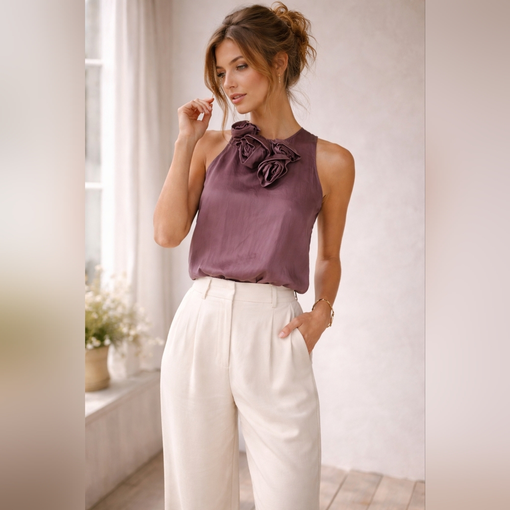 Sleeveless Mauve Rosette Neck Blouse 100% Silk